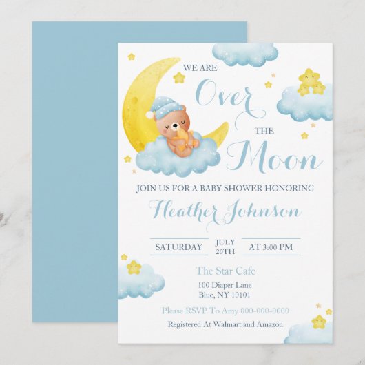 Invitation Fête de Bébé Ours Au-Dessus de la Lune (Devant / Derrière)