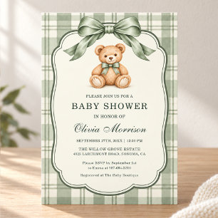 Invitation Fête de Bébé Ours en Peluche à Carreaux Vert Sauge