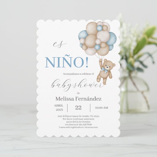 Invitation Fête de bébé ours en peluche garçon (Debout devant)