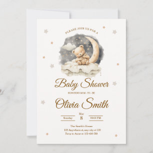 Invitation Fête de bébé ours en peluche Lune & Étoiles Neutre