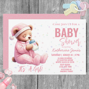 Invitation Fête de bébé ours en peluche Rose Fille