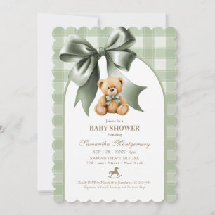 Invitation Fête de bébé ours en peluche sage vert carreaux Pr