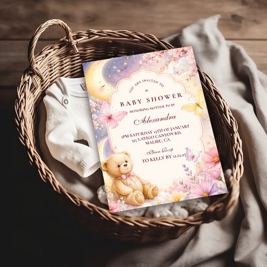 Invitation Fête de Bébé Ours Lunaire Céleste