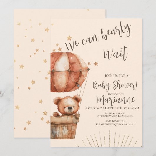 Invitation Fête de bébé ours paillettes étoiles rustique (Devant / Derrière)