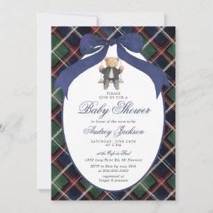 Invitation Fête de Bébé Ours Polo Tartan à Carreaux Préparato