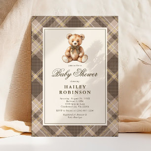 Invitation Fête de bébé ourson à carreaux neutre vintage