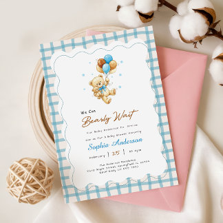 Invitation Fête de Bébé Ourson à Nœud Gingham Élégant