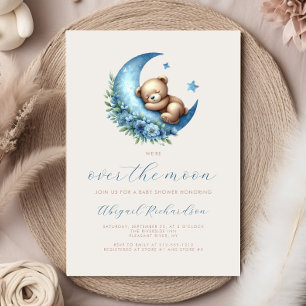 Invitation Fête de Bébé Ourson Aquarelle Bleu Lune Garçon
