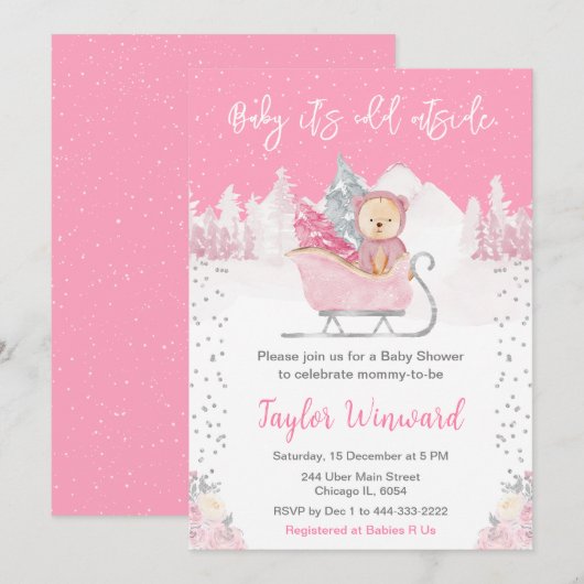 Invitation Fête de bébé Ourson d'hiver rose (Devant / Derrière)