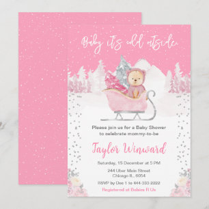 Invitation Fête de bébé Ourson d'hiver rose