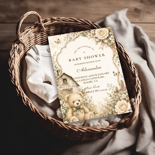 Invitation Fête de Bébé Ourson Rustique Intemporel