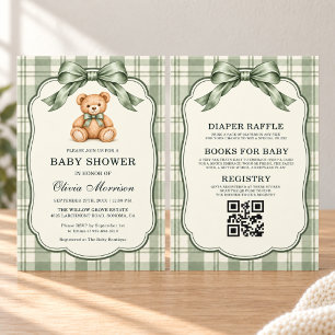 Invitation Fête de bébé ourson vert sauge Tout en Un