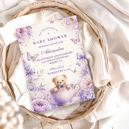 Invitation Fête de Bébé Ourson Violet Fantaisiste