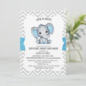 Invitation Fête de bébé pailletée Chevron Eléphant Bleu Virtu (Debout devant)