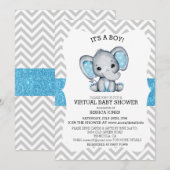 Invitation Fête de bébé pailletée Chevron Eléphant Bleu Virtu (Devant / Derrière)