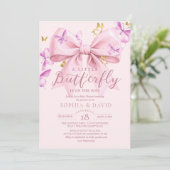 Invitation Fête de Bébé Papillon Doré Ruban Rose  (Debout devant)