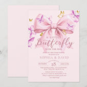 Invitation Fête de Bébé Papillon Doré Ruban Rose  (Devant / Derrière)