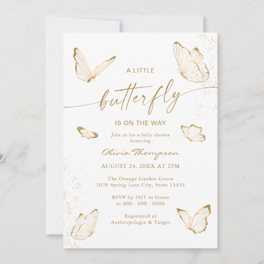 Invitation Fête de bébé Papillon en Or Blanc (Devant)