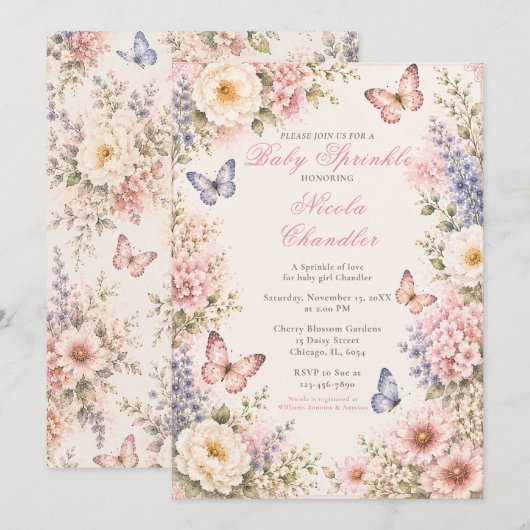 Invitation Fête de bébé papillon floral (Devant / Derrière)