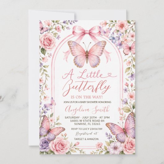 Invitation Fête de bébé papillon floral rose violet (Devant)