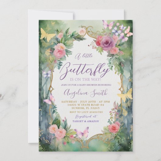 Invitation Fête de Bébé Papillon Jardin Enchanté (Devant)