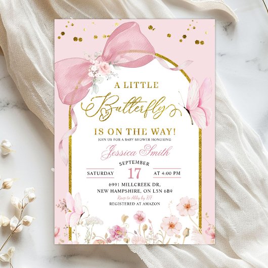 Invitation Fête de bébé papillon rose coquette
