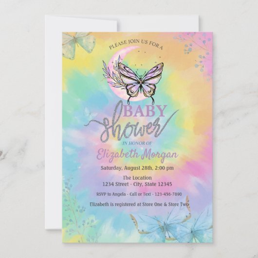 Invitation Fête de Bébé Papillons Lune Tie Dye (Devant)
