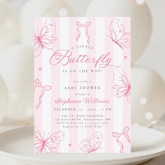 Invitation Fête de Bébé Papillons Roses Dessinés à la Main