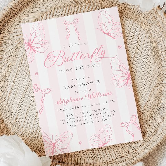 Invitation Fête de Bébé Papillons Roses et Rubans