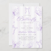 Invitation Fête de Bébé Papillons Violets & Rayures (Devant)