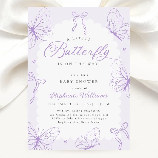 Invitation Fête de Bébé Papillons Violets & Rubans