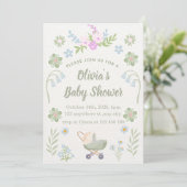 Invitation Fête de bébé personnalisée avec des fleurs douces (Debout devant)