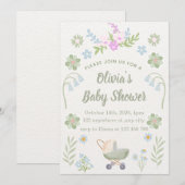 Invitation Fête de bébé personnalisée avec des fleurs douces (Devant / Derrière)
