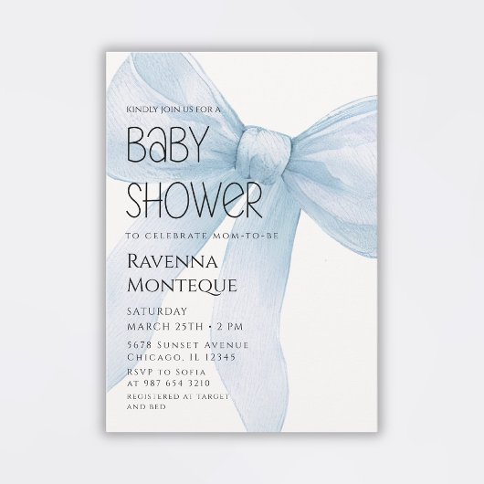Invitation Fête de bébé personnalisée avec un nœud bleu minim