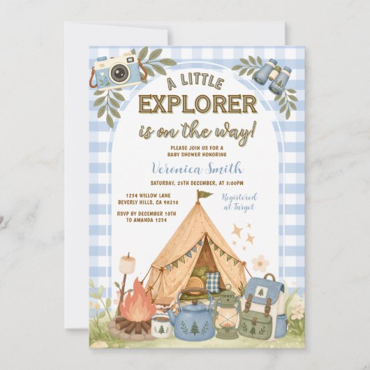 Invitation Fête de Bébé Petit Explorateur Camping Bleu (Devant)