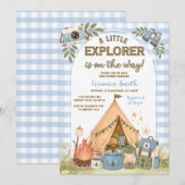 Invitation Fête de Bébé Petit Explorateur Camping Bleu (Devant / Derrière)