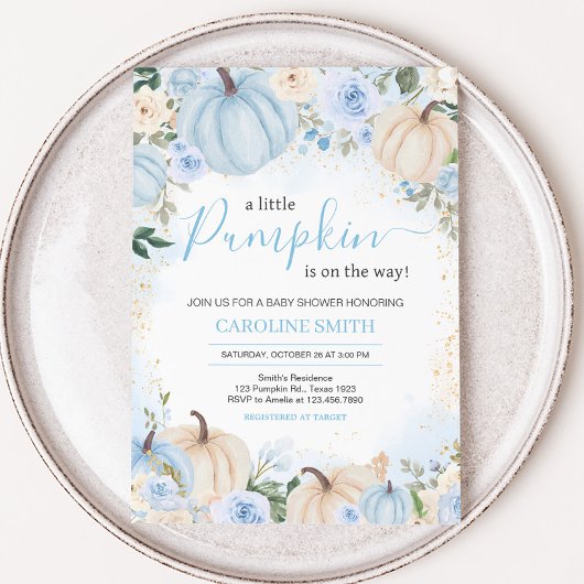 Invitation Fête de bébé petite citrouille à fleurs bleues et 