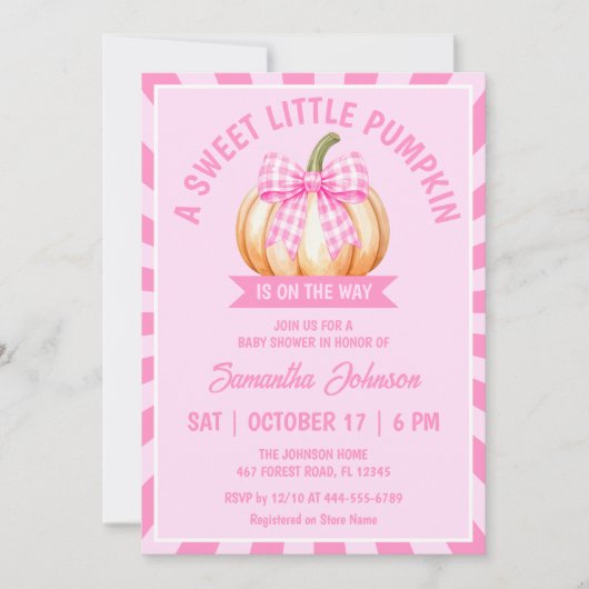 Invitation Fête de bébé Petite Citrouille Ruban Gingham Rose (Devant)