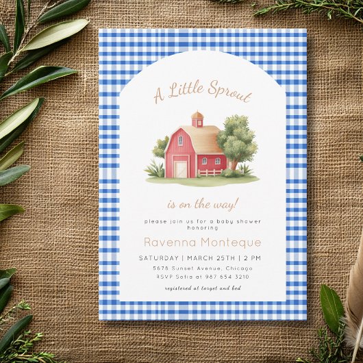 Invitation Fête de Bébé Petite Pousse Bleu Gingham Grange Rou