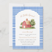 Invitation Fête de Bébé Petite Pousse Bleu Gingham Grange Rou (Devant)