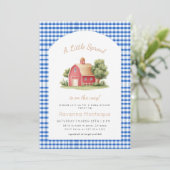 Invitation Fête de Bébé Petite Pousse Bleu Gingham Grange Rou (Debout devant)