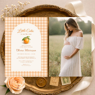 Invitation Fête de Bébé Photo de Petit Bébé au Vichy Orange