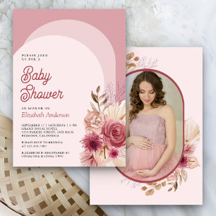 Invitation Fête de bébé photo Pampas Floral Rose Grenade