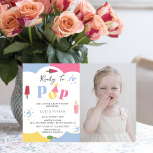 Invitation Fête de Bébé Photo Popsicle à Fond Coloré