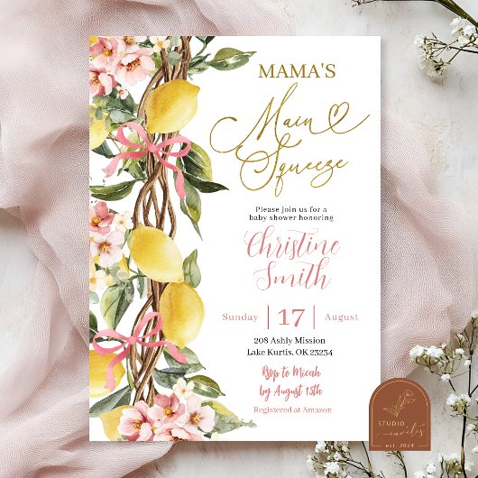 Invitation Fête de bébé Pink Lemonade et Bow Main Squeeze