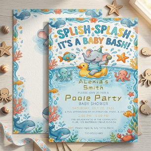 Invitation Fête de Bébé Piscine Éléphant Aquarelle Mignon