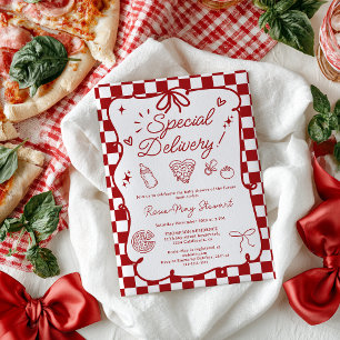 Invitation Fête de bébé pizza italienne rouge « Livraison spé