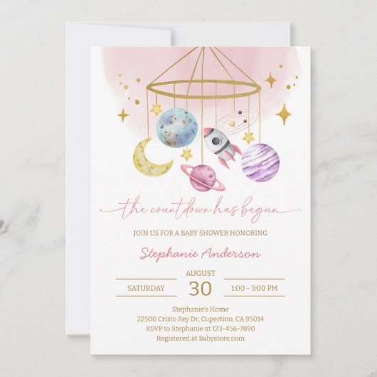 Invitation Fête de Bébé Planètes Espace Rose (Devant)