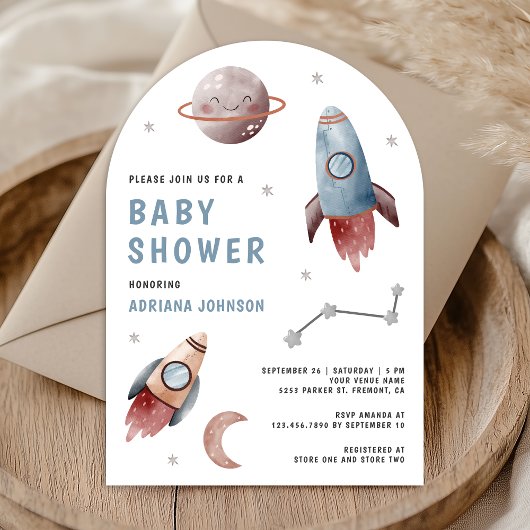 Invitation Fête de Bébé Planètes Fusée Espace Extérieur Arche
