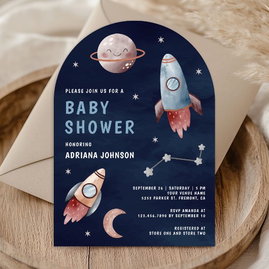 Invitation Fête de Bébé Planètes Fusée Marine Extérieur
